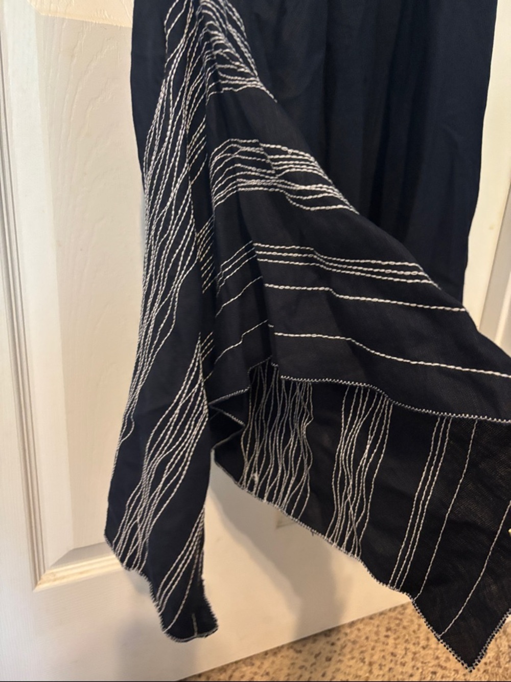 Sleeveless Linen Navy A-Line Dress with Diagonal White Stitch Detail. Size XL - Picture 6 of 7